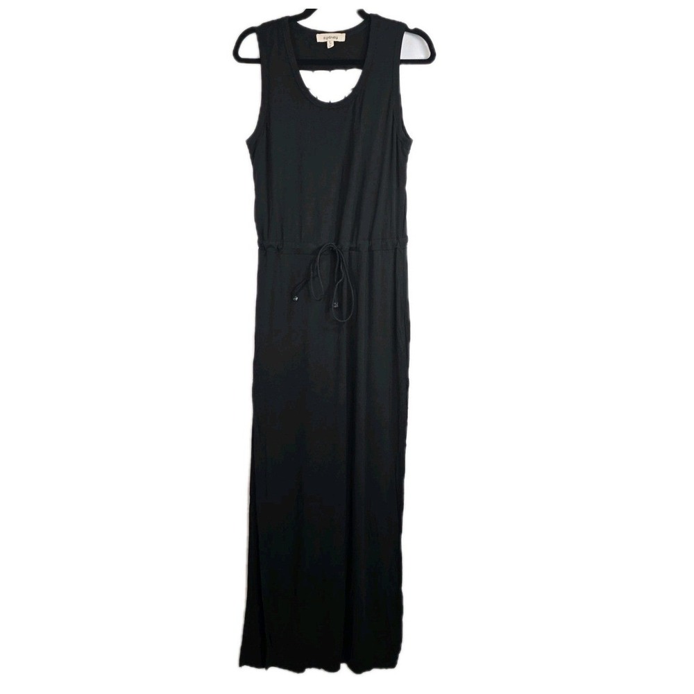 Sydney Black Maxi Dress Open Checkered Back Tie Waist Leg Slits Women's Large